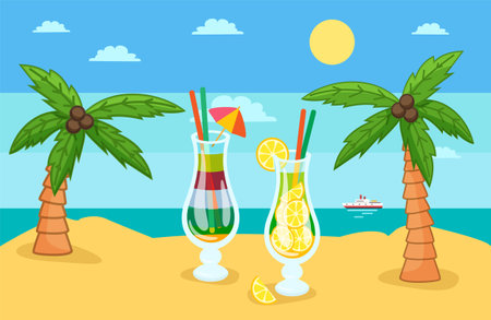Huge glass with exotic cocktail on the tropical beach with palm trees in sunny day vector illustration. Seaside vacation concept, a trip to a warm southern country, rest and relaxation, sea tourismのイラスト素材