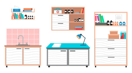 Medical examination or medical check up interior room, veterinary care flat design vector illustration. Interior and equipment of a veterinary office table, shelves with books and medicines, washstandのイラスト素材
