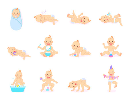Cartoon set with cute little babies in diaper. Happy toddler plays with toy, birthday of baby, child learning to walk, baby smiling, child sits on potty, toddler crawling on the floor. Little kidのイラスト素材
