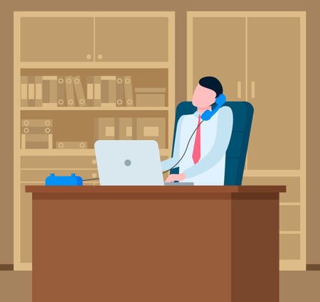 Young man dressed formally talking on the phone. Businessman working at the computer sitting at a table in office space. Manager doing work on the laptop. Serious man communicates and takes notesのイラスト素材