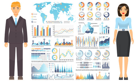 Businesswoman with businessman wearing office dresscode, suit, costume standing near graphs, charts, graphics, diagram, web analytics data, growing schedule, statistics, report. Infographic elementsのイラスト素材