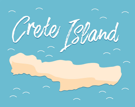 Crete island travel map flat vector illustration. The drawing of the territory of the part of Greece. Terrain map of an island surrounded by sea or ocean waters with an inscription at the topのイラスト素材