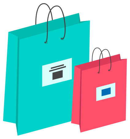 Special offer purchases, shopping bags with logo. Packages with goods isolated on the white background. Packages with low cost. Seasonal sale cartoon vector illustration for web graphic designのイラスト素材