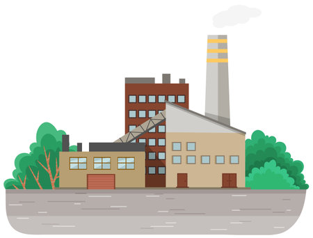 Energy production industry. Vector illustration of thermal power station for production of electrical energy with chimneys industrial buildings. Industrial plant on nature background with treesのイラスト素材
