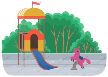 Kids playground equipment with swings, slides and swing the horse in city park with green trees. Outdoor decor idea of school or public park with equipment for recreation, kid fun kit in schoolyardのイラスト素材