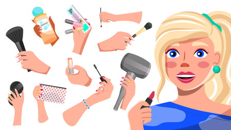 Beautiful woman holding lipstick. Set of colorful icons. Female hand holding brush, pocket mirror, cosmetic bag, brush from mascara, eyeshadow brush, hair dryer, shampoo, palette of shadows, lip glossのイラスト素材