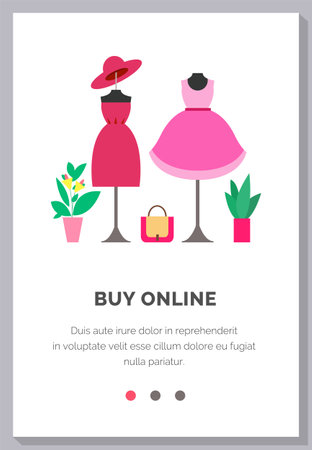 Online shopping people and interact boutique. Landing page template for a website with garments. Online shop with evening and cocktail dresses. App for selecting and ordering clothing via the Internetのイラスト素材