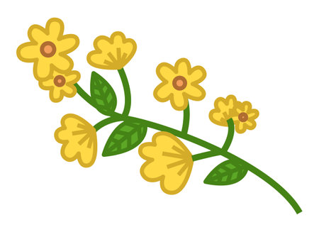 Yellow vector flowers illustration isolated on white background. Spring blossom element for card design needs. Green branch with small flowers and leaves. Flowering ornamental garden or wild plantのイラスト素材