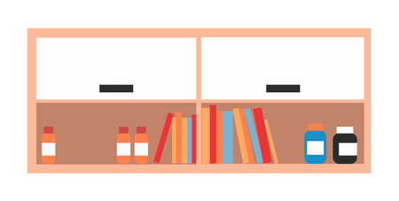 Shelves with books and a bottle of medicine. Equipment for design laboratory, clinic, hospital, pharmacy. Hanging wall box isolated on white background. Shelves for storing documents and medical toolsのイラスト素材