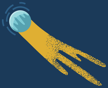 Falling meteorite on dark blue background. Flying comet in outer space, cartoon glowing cosmic object flat vector illustration. Fireball asteroid moving at high speed bright astronomic bodyのイラスト素材