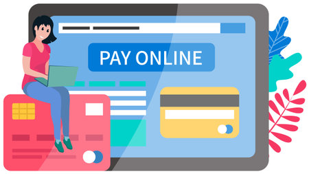 A woman buys on online commerce. E-commerce. Online business illustration with buyer pays online. Smiling girl sits on the payment plastic card and makes purchases in the store using the Internetのイラスト素材