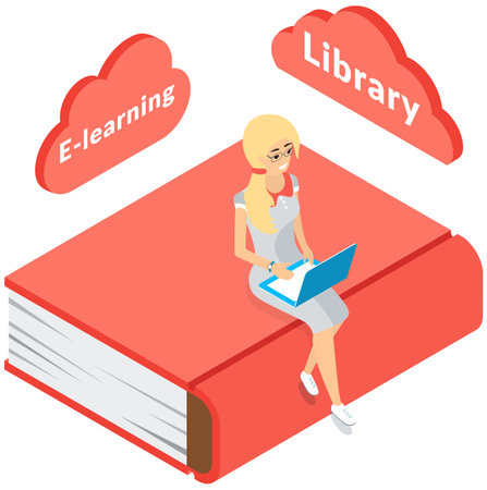 Online library. Books in your laptop. Young girl love to read sitting on big red book and using tablet pc for studying in internet. Online courses and student concept. Distance learning, knowledgeのイラスト素材