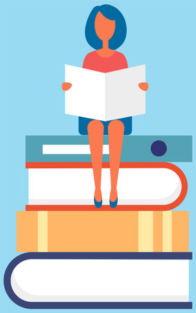 Girl sitting on pile of books with open book in her hands. Concept of e-learning, distance studying and self education. Young woman student, teenager read books, learning process in library, knowledgeのイラスト素材