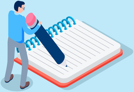Tiny man holds big pencil and writes in empty notebook. Pen in hands. Blank sheet of paper to write. Businessman making notes in notepad. Student writing information in exercise book and studyingのイラスト素材