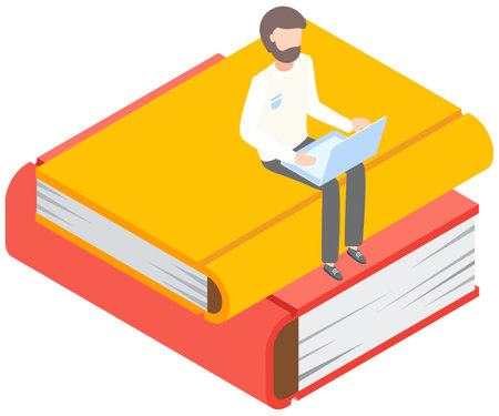 Online library. Books in your laptop. Young man love to read sitting on stack of large books and using tablet pc studying in internet. Online courses and student concept. Distance learning, knowledgeのイラスト素材