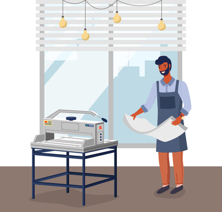 Employee of a printing house at work prepares paper for a printing machine or plotter. Male worker in a printing studio near cutting machine. Man in uniform holds a stack of large sheets of paperのイラスト素材