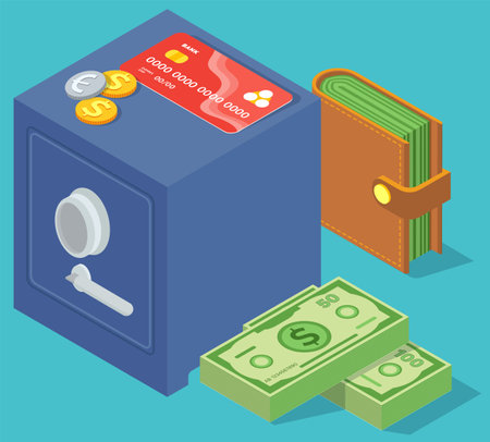 Means of payment various elements. Concept of big money. Big pile of cash. Credit bank card, wallet, metal coins and paper bills. Hundreds of dollars. Metal safe reliable storage with combination lockのイラスト素材