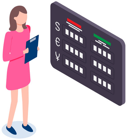 Woman working with bankbook and cash in bank. Desk at foreign office. Exchange rate board concept. Businesswoman holding clipboard with blank white paper. Female character works in currency exchangeのイラスト素材