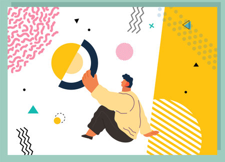 Young man holding and organizing abstract circular geometric shape virtual flat vector illustration. Person sitting with round object in hands on white background. Business building visionary conceptのイラスト素材