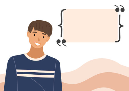 Male character design, a man with a speech bubble on white background. Doodle cartoon style flat vector illustration with a young happy dark haired guy in a blue t-shirt with empty balloon for textのイラスト素材