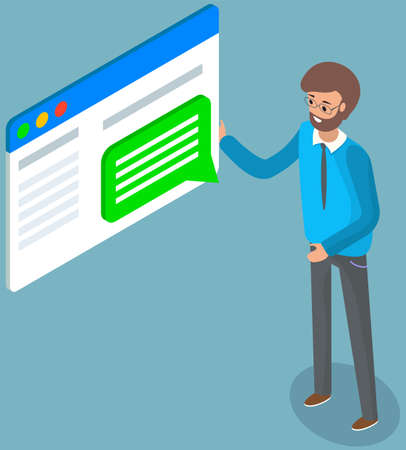 Man in business suit looking for information on internet, financial data analytics. Office worker stand near digital board with visual presentation. Bearded cartoon male character working and readingのイラスト素材