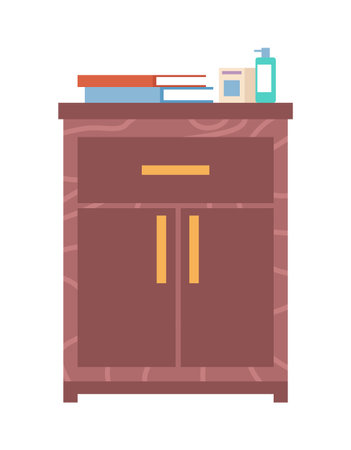 Wooden commode with drawers isolated on white background. Interior element made of wood. Chest of drawers vector illustration. Furniture for room interior design. Books and disinfectants on the closetのイラスト素材