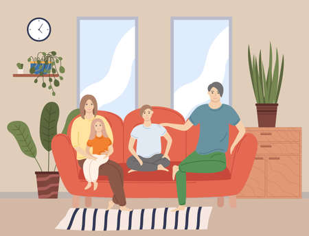 Smiling young happy family on sofa portrait. Man, woman and their children in living room vector illustration. Mother, father, daughter and son sitting and hugging together on the couch at homeのイラスト素材