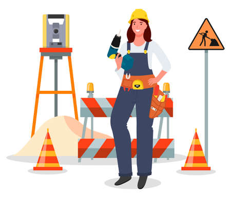 Woman with drill instrument, repairing road, hard work, worker in protective helmet, overall, not female work, lady working against road cones, stop symbols, cheerful lady with industrial instrumentのイラスト素材
