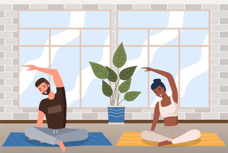 Home fitness. Young couple doing yoga in living room. Sports exercises and stretching, pair yoga concept. A man and a woman train on the floor, leads a healthy lifestyle, doing relaxation exercisesのイラスト素材