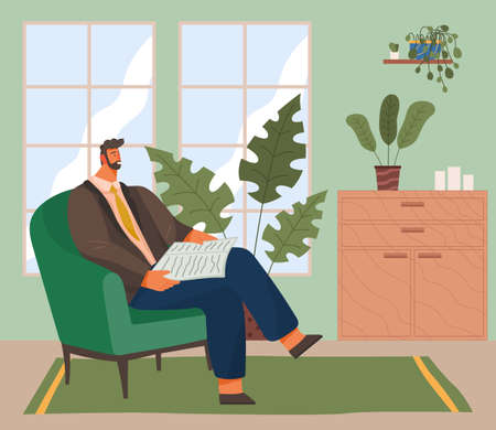 Bearded man sitting on armchair and reading newspaper vector flat illustration living room place to relax interior. Male reader smiling character in chair resting at home after work with newsのイラスト素材