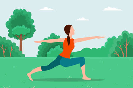 Woman doing yoga exercise. Young fit girl in sports wear standing on the grass outdoor and stretching. Female character taking care of her health, leads a healthy lifestyle, doing relaxation exercisesのイラスト素材