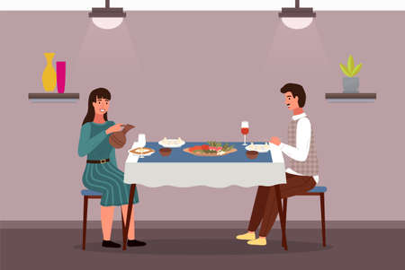 People at lunch in Georgian style. Couple on a date in a theme restaurant eats khinkali and adjarian khachapuri. Man and woman communicating at dining table. Georgians taste traditional foodのイラスト素材