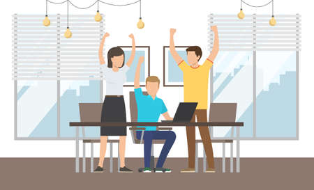 Happy colleagues rejoice at business success. Marketing strategy, business team develops solutions. People sitting at a table joyfully put their hands up together. The concept of a successful dealのイラスト素材