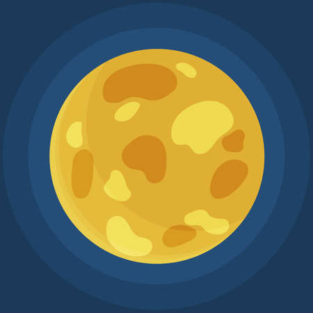 Cartoon fantastic yellow planet on dark blue space background. Cosmic object solar system astronomical element. Space game element vector objects round shape. Celestial body in orbit around a starのイラスト素材