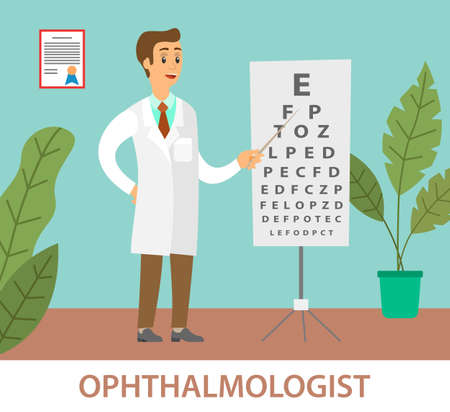 Optometrist points to the table for testing visual acuity. A doctor in a white coat is conducting a study of the state of vision. A man stands with a pointer in his hands. Snellen chart near the manのイラスト素材
