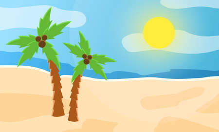 Sunrise on the seashore. Abstract view of the sandy beach with a palm tree, tropical resort vector illustration. Tropical beach with coconut trees on a hot sunny day. Exotic seascape, relaxation placeのイラスト素材