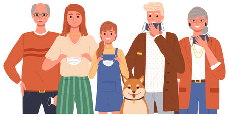 Group of people wearing medical masks. Cartoon characters take off their protective masks and smile vector illustration. Self-isolation during coronavirus pandemic. People wearing and remove face maskのイラスト素材