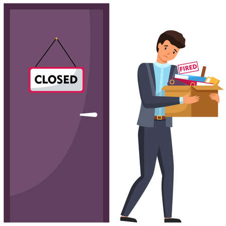 Layoff concept. Boss dismissed employee. Unhappy fired man leave the office with things in box. Unemployment dismissal of fellow workers. Crisis, jobless, employee standing near a closed doorのイラスト素材