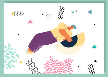 Young man holding and organizing abstract circular geometric shape virtual flat illustration. Person flying with segment of a circle in hands on white background. Business building visionary conceptのイラスト素材