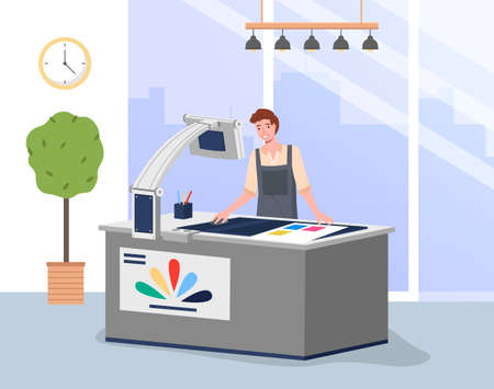 Young man working in typography at print to printer. Concept employee character, electronic device, laptop and computer, paint service. Vector illustration print house worker in the production areaのイラスト素材