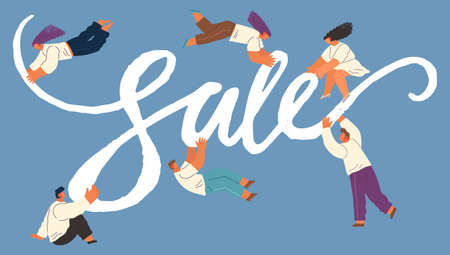 Young characters holding word Sale. Seasonal discounts. Flat editable vector illustration, clip art. Promotional shopping banner template with men and women during seasonal sales, hot pricesのイラスト素材