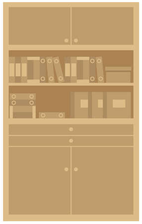Wooden bookcase with stack of books. Education or bookstore concept, office furniture equipment with drawers and doors. Shelves with notebooks or folders with documents, paper boxes, isolated elementのイラスト素材