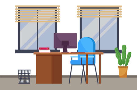 Modern workplace flat design. Office chair and office desk with stack of books in cozy room interior. Furniture and equipment for workplace of employee or office worker, vector interior workspaceのイラスト素材