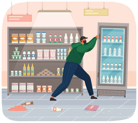 A vandal damages a machine in a grocery store. Masked and hooded bandit destroys refrigerator. Street gangsters and vandalism concept. Cartoon vector danger aggressive man smashing shop equipmentのイラスト素材