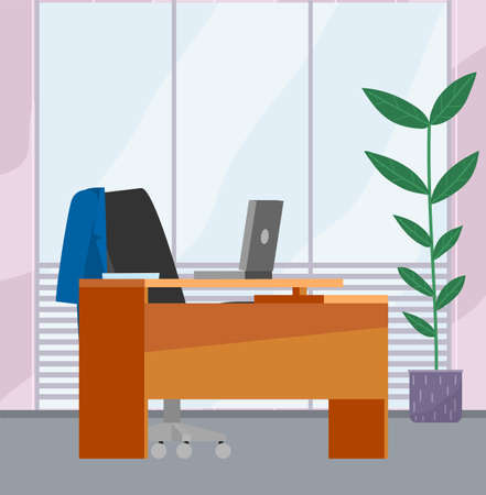 Modern home workplace flat. Office chair and office desk with stack of books in cozy room interior. Furniture and equipment for workplace of employee or home office worker, vector interior workspaceのイラスト素材