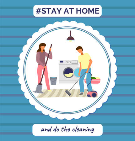 Stay at home and do the cleaning. Quarantine self-isolation at home. Motivational slogan, stop be lazy. Virus outbreak. People staying safe. Man cleaning floor with vacuum cleaner, woman sweepingのイラスト素材