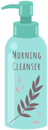 Face cleanser in a pump container vector illustration. Means for cleansing the skin in the morning. Care cosmetics isolated on white background. Cosmetic product for caring for the condition of skinのイラスト素材