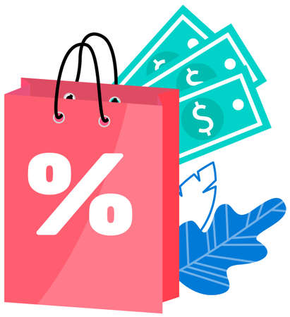 Retail bags with discount flat vector object. Special offer purchases with banknotes on background. Packages with low cost. Seasonal sale isolated cartoon illustration for web graphic designのイラスト素材