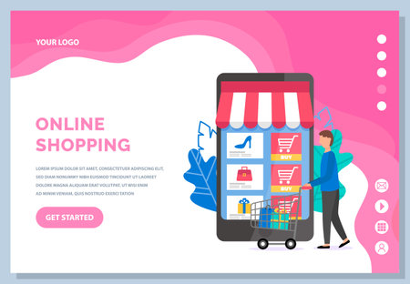 Internet store layout. Online shopping and buying purchases. Man chooses goods on the Internet. Shopping cart guy in application design. Paid program for clothes and shoes remotely landing pageのイラスト素材