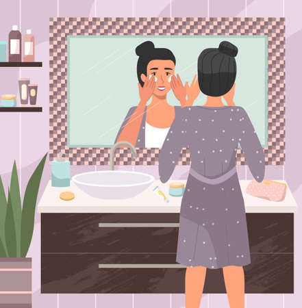 Woman using cosmetic cleansing gel to clean her face. Girl doing morning routine in the bathroom. Female character looking in the mirror and applying skin care product. Person washes her faceのイラスト素材